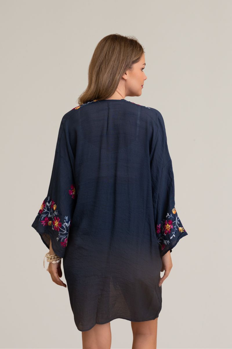 Stylish and comfortable ethereal anemone floral navy kimono.