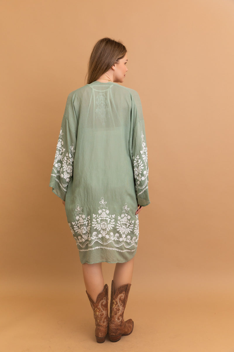 Stylish sage open-front kimono with Blossom Breeze embroidery.