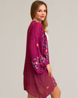 Trendy anemone embroidered fuchsia kimono, perfect for any look.