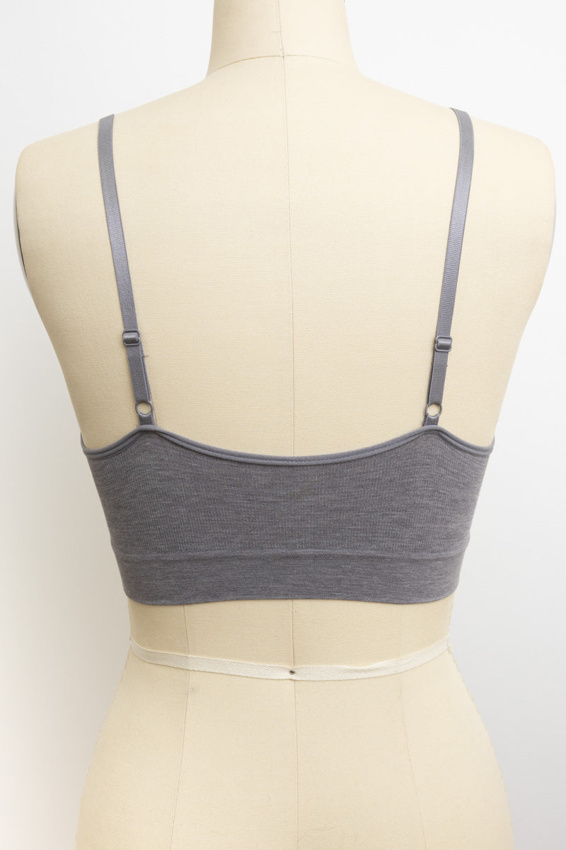 Lace trim gray bralette with ribbed design and padding.