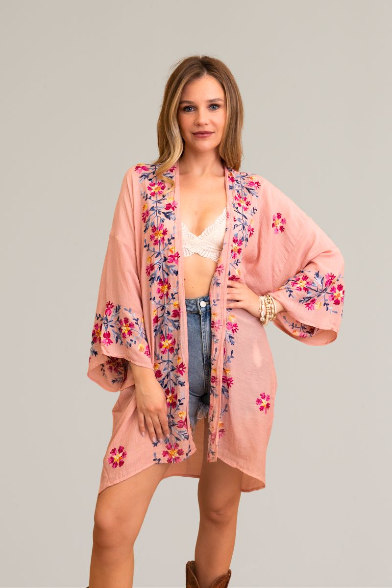 Viscose polyester anemone rose kimono, stylish and breathable.