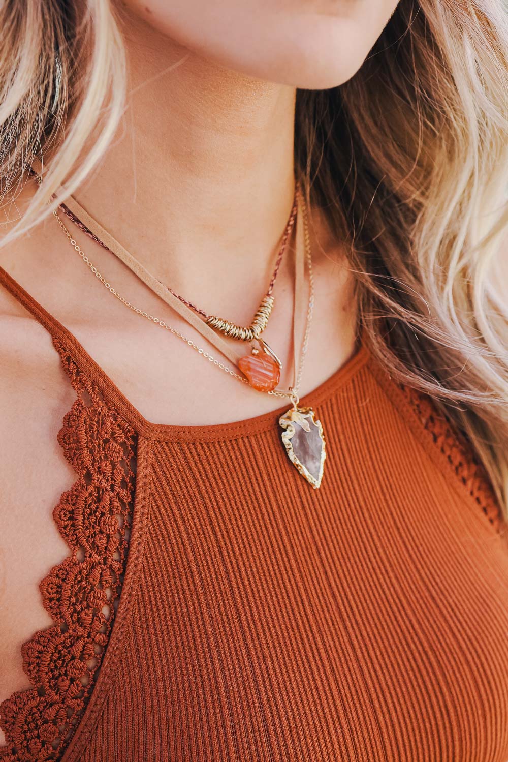 Carnelian & Brown Agate Suede Necklace Jewelry Gold