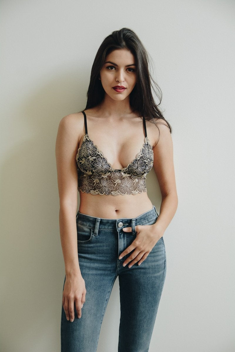 Floral Stitch Mesh Bralette Large / Gold