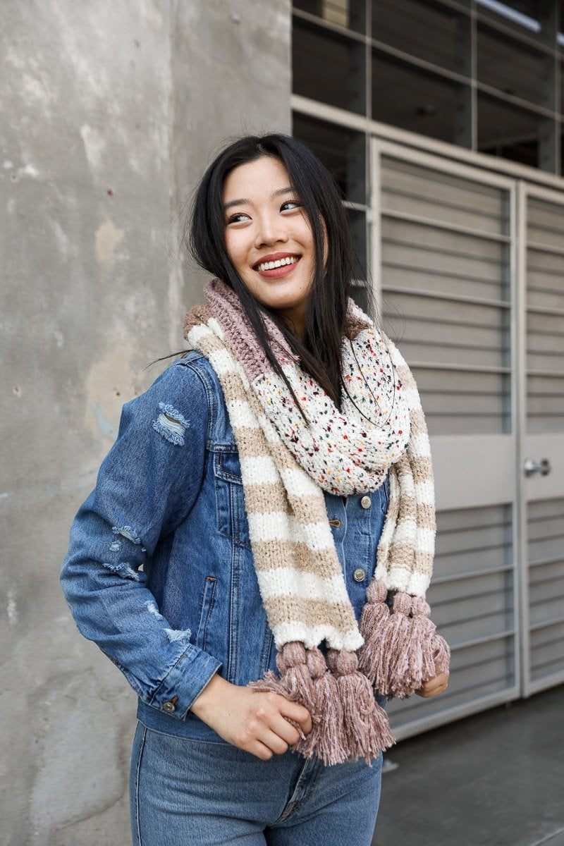 Boho Speckle Stripe Tassel Scarf Scarves Pink