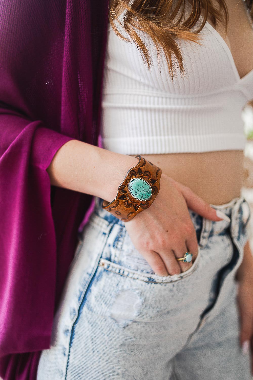 Boho Turquoise Stone Camel Leather Cuff Bracelet Jewelry