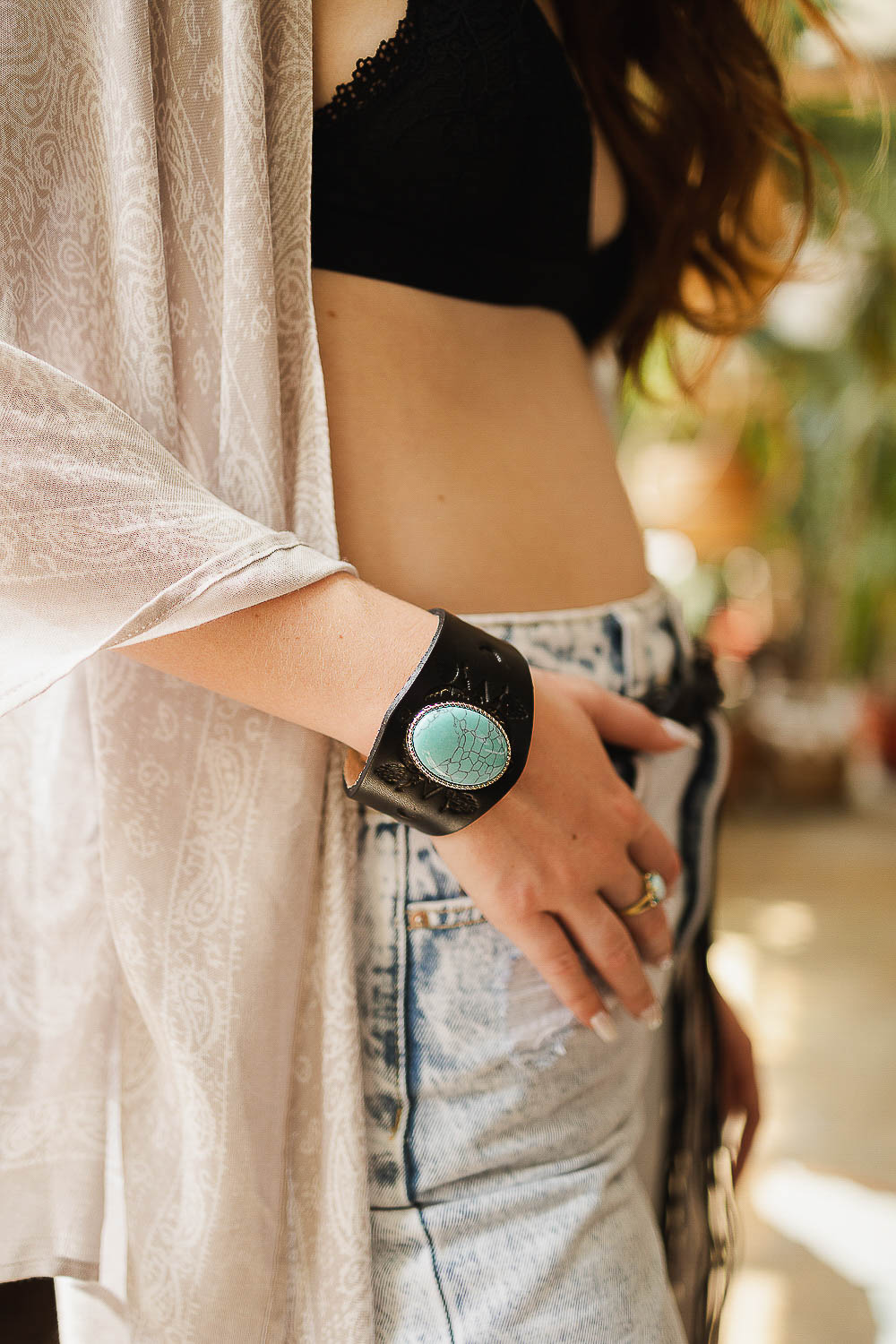 Boho Turquoise Stone Leather Cuff Jewelry Black