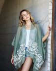 Breathable sage floral kimono cardigan with intricate embroidery.