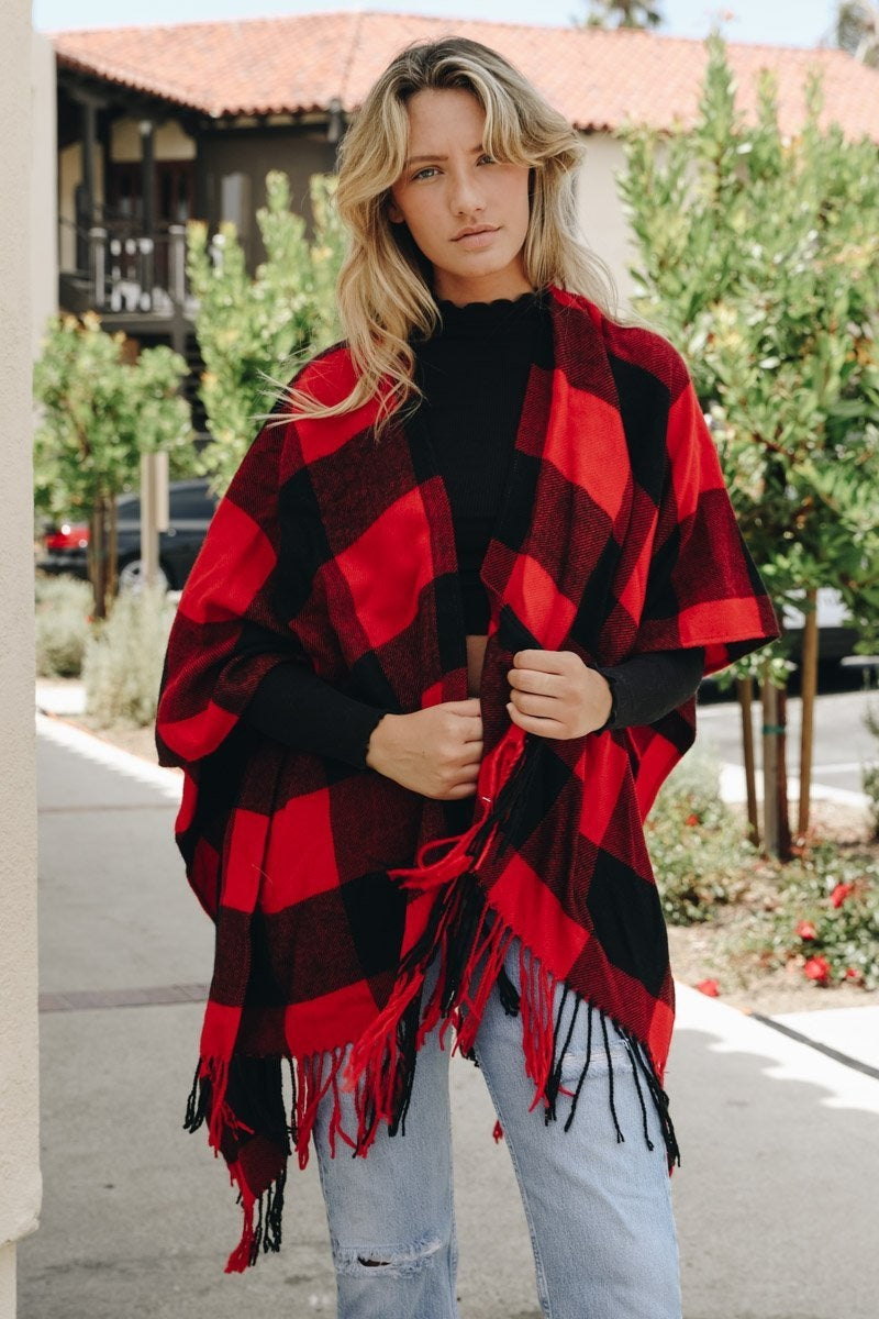 Buffalo Check Tassel Poncho Ponchos