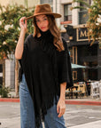 Button Neck Fringe Poncho Ponchos Black