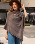 Button Neck Fringe Poncho Ponchos Gray