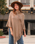 Button Neck Fringe Poncho Ponchos Mocha