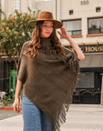 Button Neck Fringe Poncho Ponchos Olive