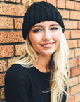 Cable Knit Beanie with Faux Fur Pom Beanies Black