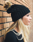 Cable Knit Beanie with Faux Fur Pom Beanies