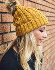 Cable Knit Beanie with Faux Fur Pom Beanies