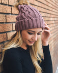 Cable Knit Beanie with Faux Fur Pom Beanies