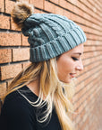 Cable Knit Beanie with Faux Fur Pom Beanies