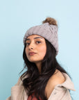 Cable Knit Beanie with Faux Fur Pom Beanies