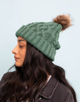 Cable Knit Beanie with Faux Fur Pom Beanies