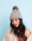 Cable Knit Beanie with Faux Fur Pom Beanies Gray