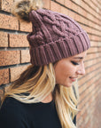 Cable Knit Beanie with Faux Fur Pom Beanies Mauve