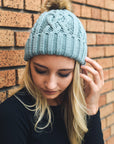 Cable Knit Beanie with Faux Fur Pom Beanies Mint