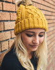 Cable Knit Beanie with Faux Fur Pom Beanies Mustard