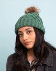 Cable Knit Beanie with Faux Fur Pom Beanies Pine