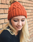 Cable Knit Beanie with Faux Fur Pom Beanies Rust