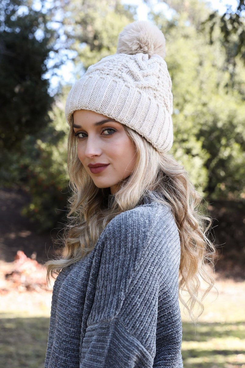 Cable Knit Pom Beanie Hats &amp; Hair