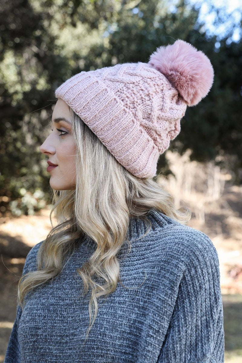 Cable Knit Pom Beanie Hats &amp; Hair