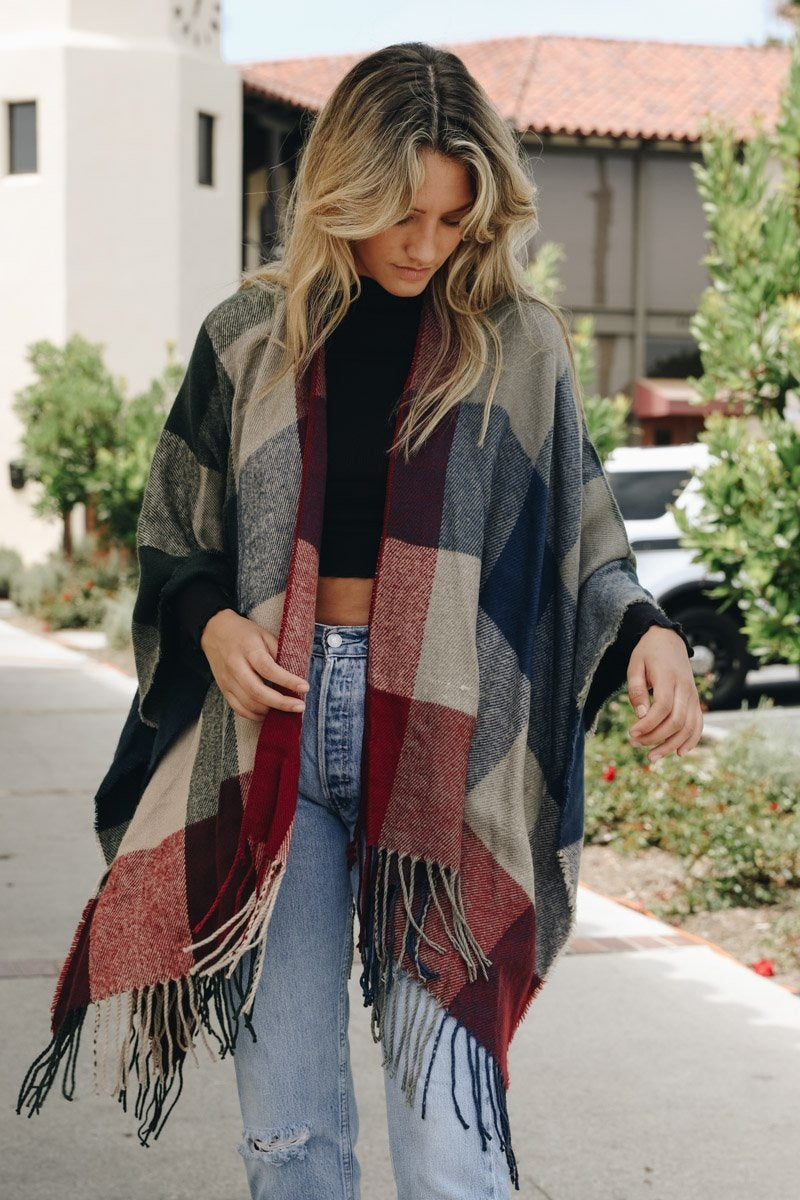 Check Ruana with Tassel Trim Ponchos