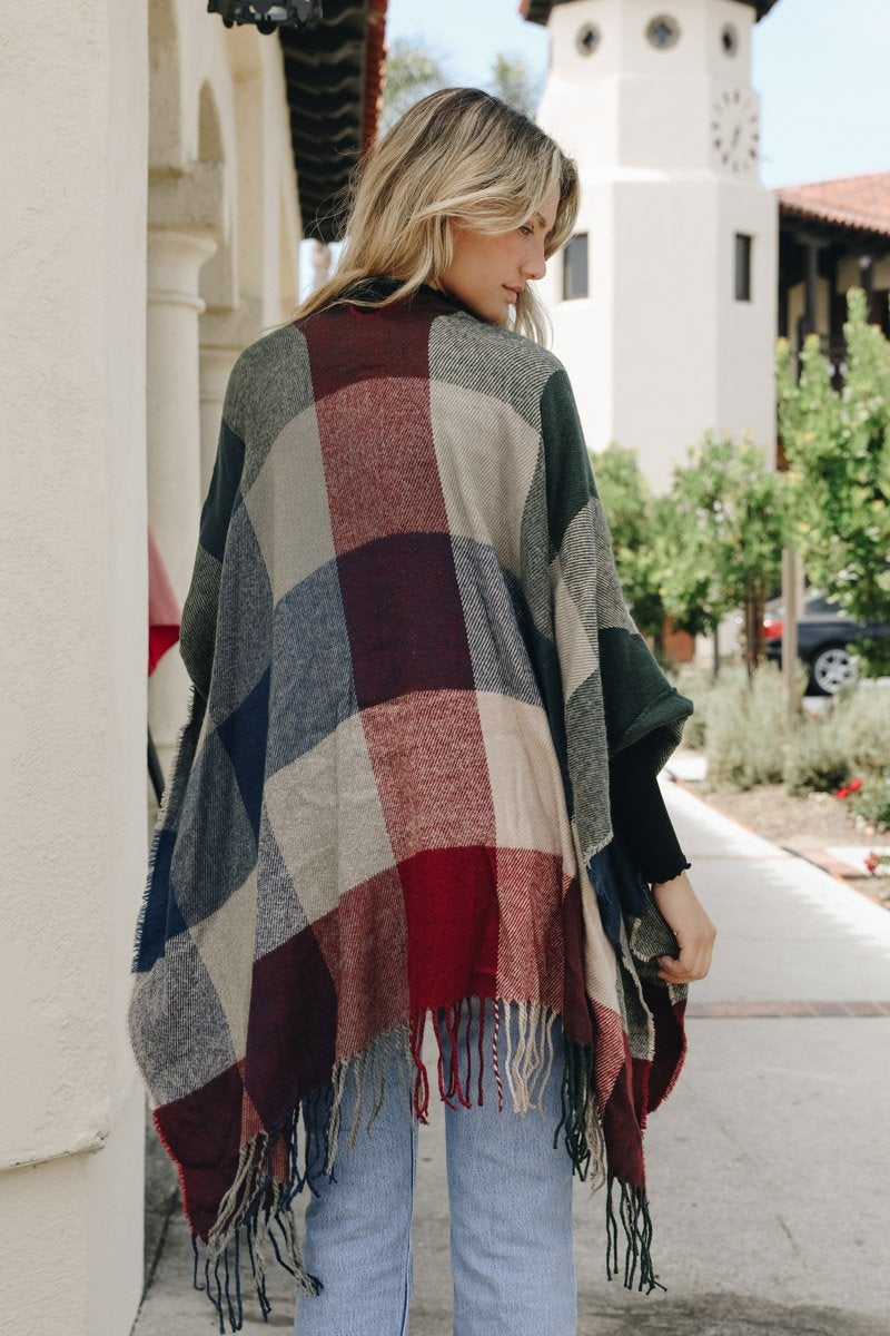 Check Ruana with Tassel Trim Ponchos