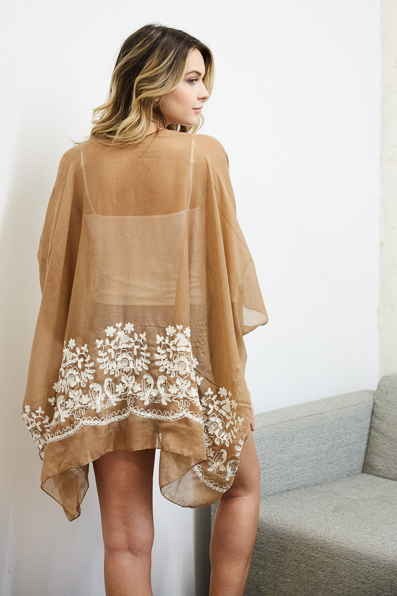 Chic embroidered mocha floral stitch kimono for versatile wear.