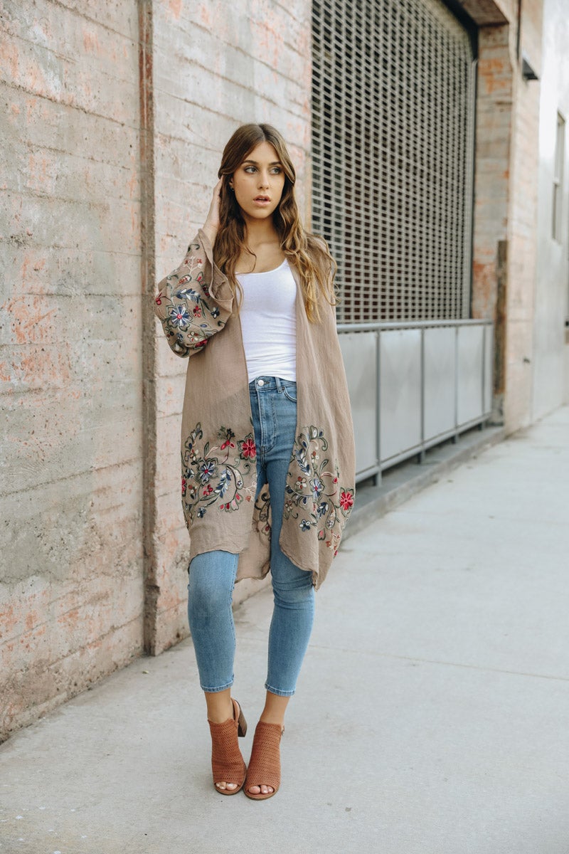 Chic mocha long floral cardigan perfect for any occasion.