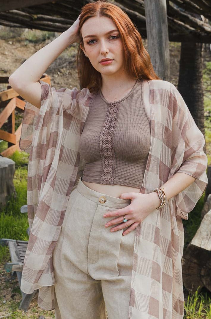 Classic Lightweight Buffalo Check Kimono One Size / Taupe