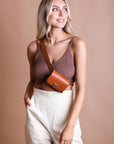 Cognac gold chain mini belt bag with vegan leather design.