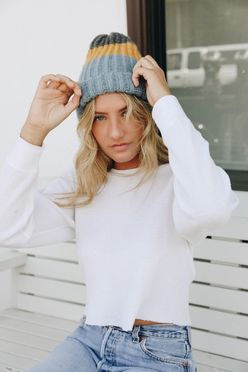 Color Block Knit Beanie Hats &amp; Hair Blue Mustard