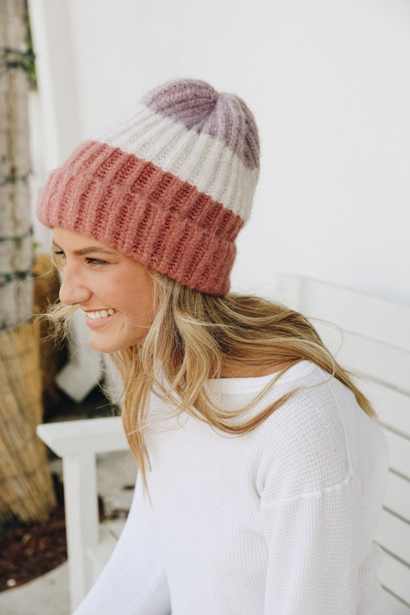Color Block Knit Beanie Hats &amp; Hair Rose Lavender