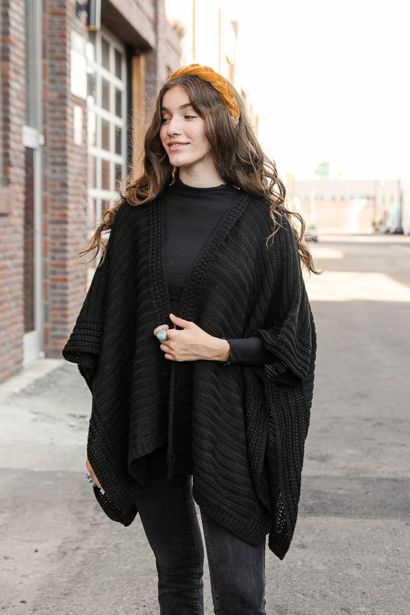 Cozy Ridged Knit Ruana Black – Modern draped wrap designed for all-season comfort