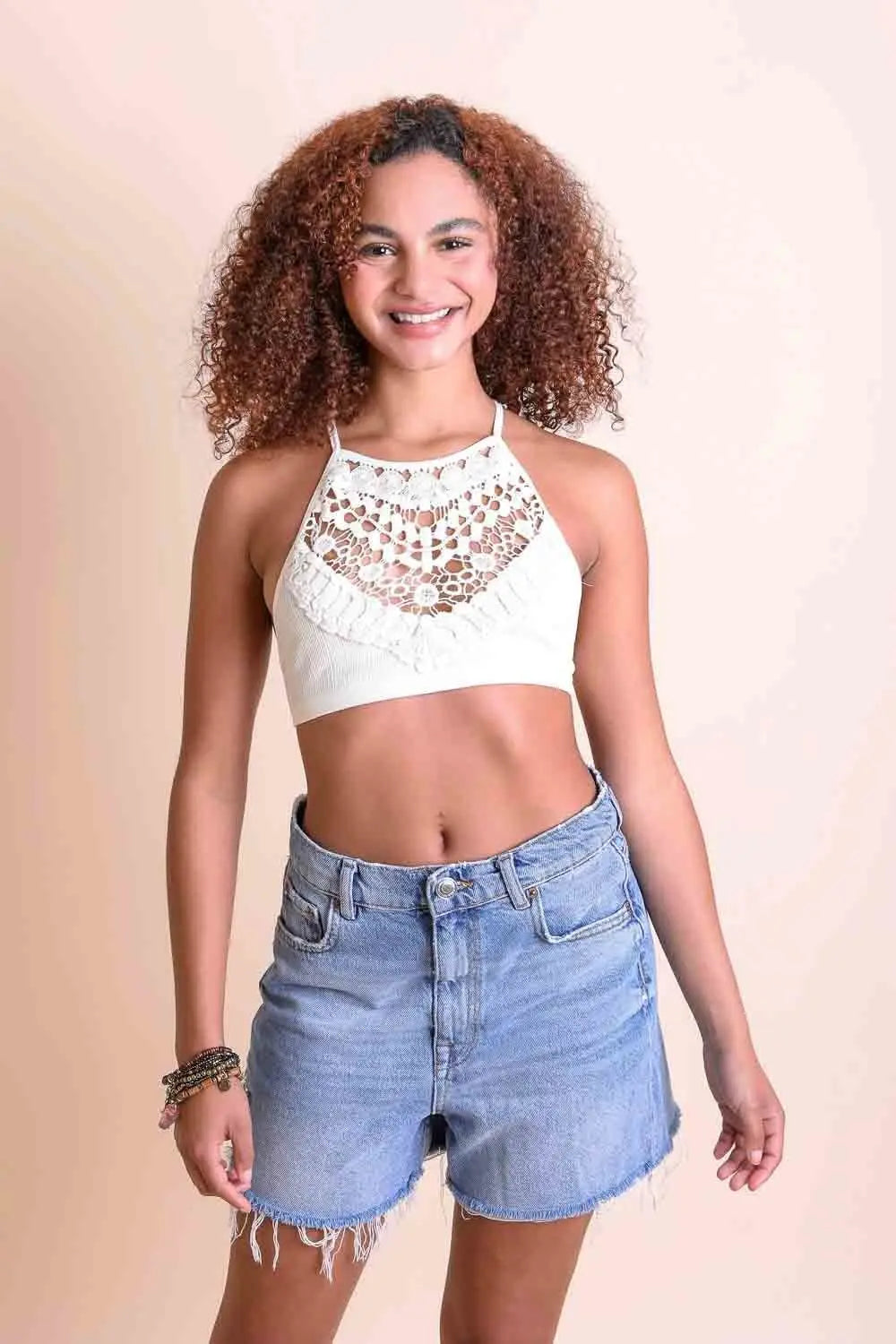 Crochet ivory bralette high neck plus size with halter design.