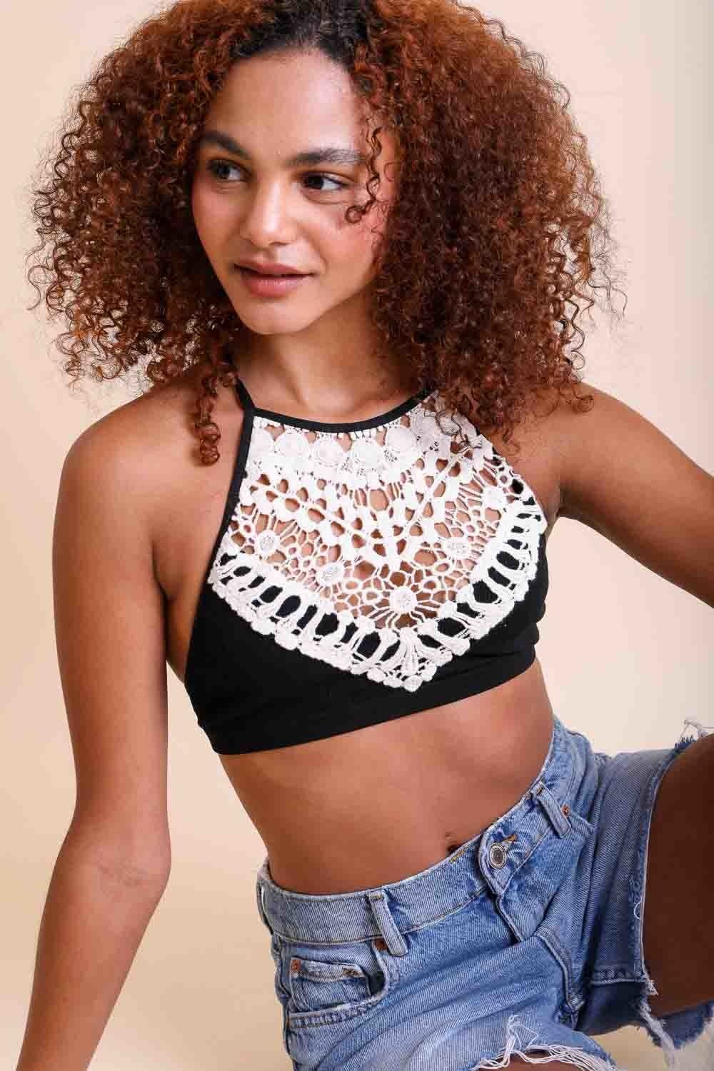 Crochet lace black bralette high neck halter style with detail.