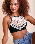 Crochet lace black bralette high neck halter style with detail.