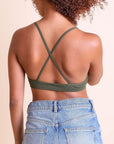 Crochet lace halter olive bralette for casual and dressy looks.