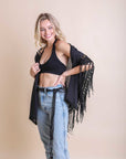 Crochet Medallion Tassel Kimono Ponchos Black