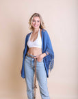 Crochet Medallion Tassel Kimono Ponchos Denim Blue