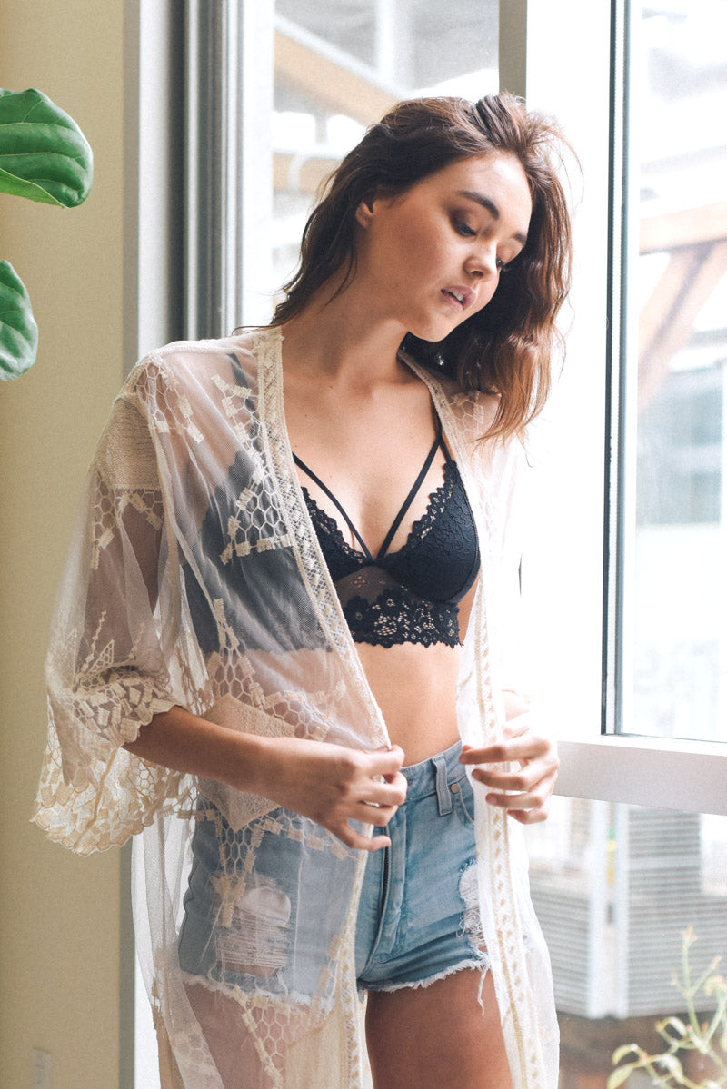 Floral Lace Strappy Bralette Black Coachella