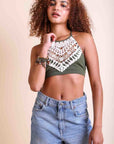 Elegant crochet lace high-neck olive bralette for layering.