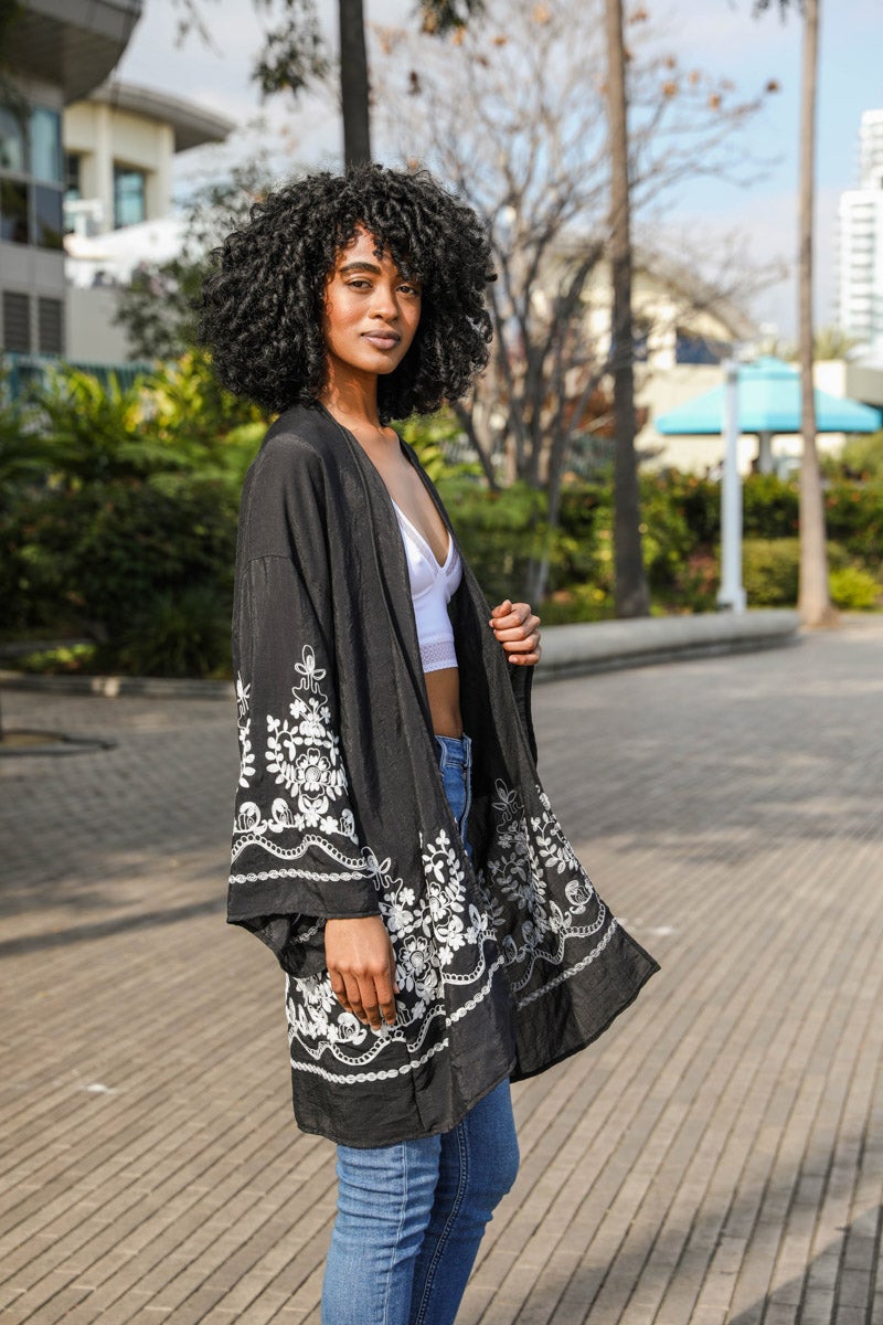 Elegant floral vine black kimono cardigan with stylish look.