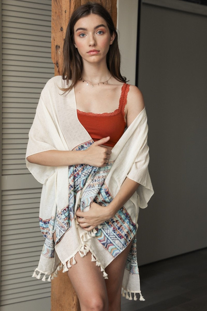 Embroidered Geometric Kimono Ivory